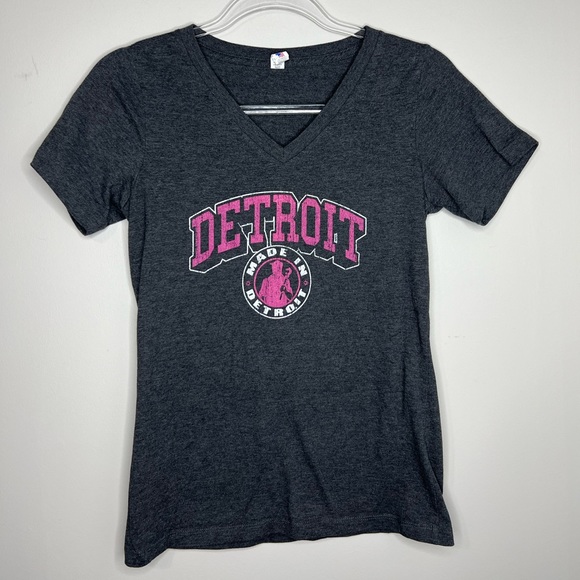 Bella Canvas Tops - MADE IN DETROIT V-Neck, short sleeve, t-shirt. Gray with pink logo. Small.